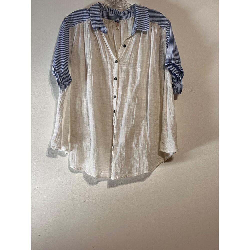 Free People Women's Button-down Shirt Large White Blue Collared Lightweight